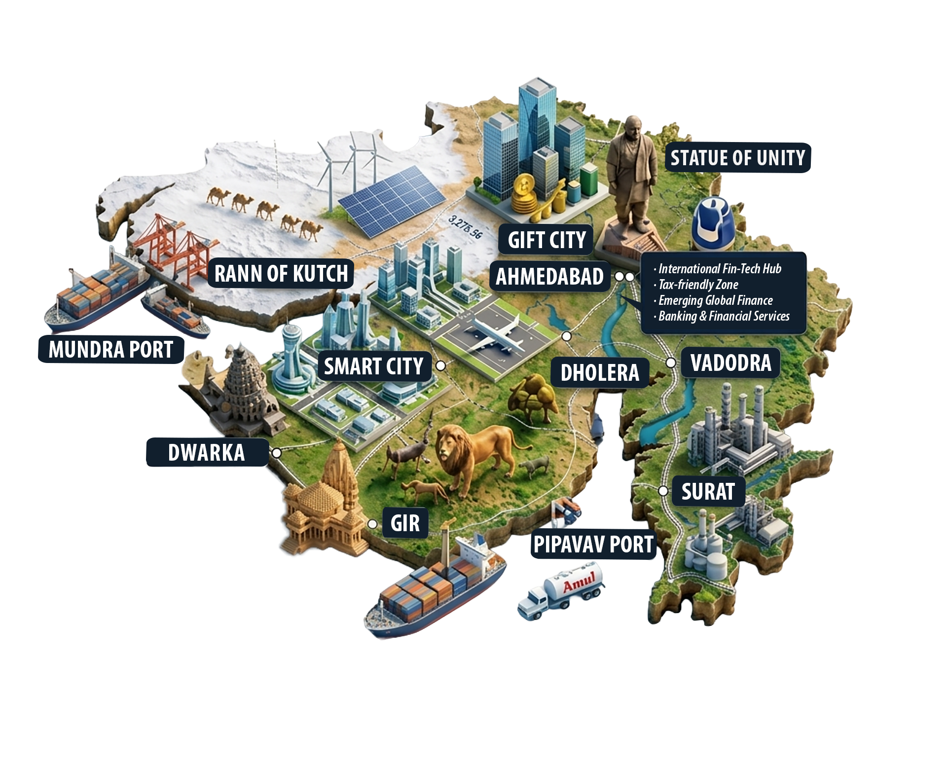 Why Gujarat map highlighting Ahmedabad, GIFT City, Dholera, Vadodara, Surat, ports, industry and tourism