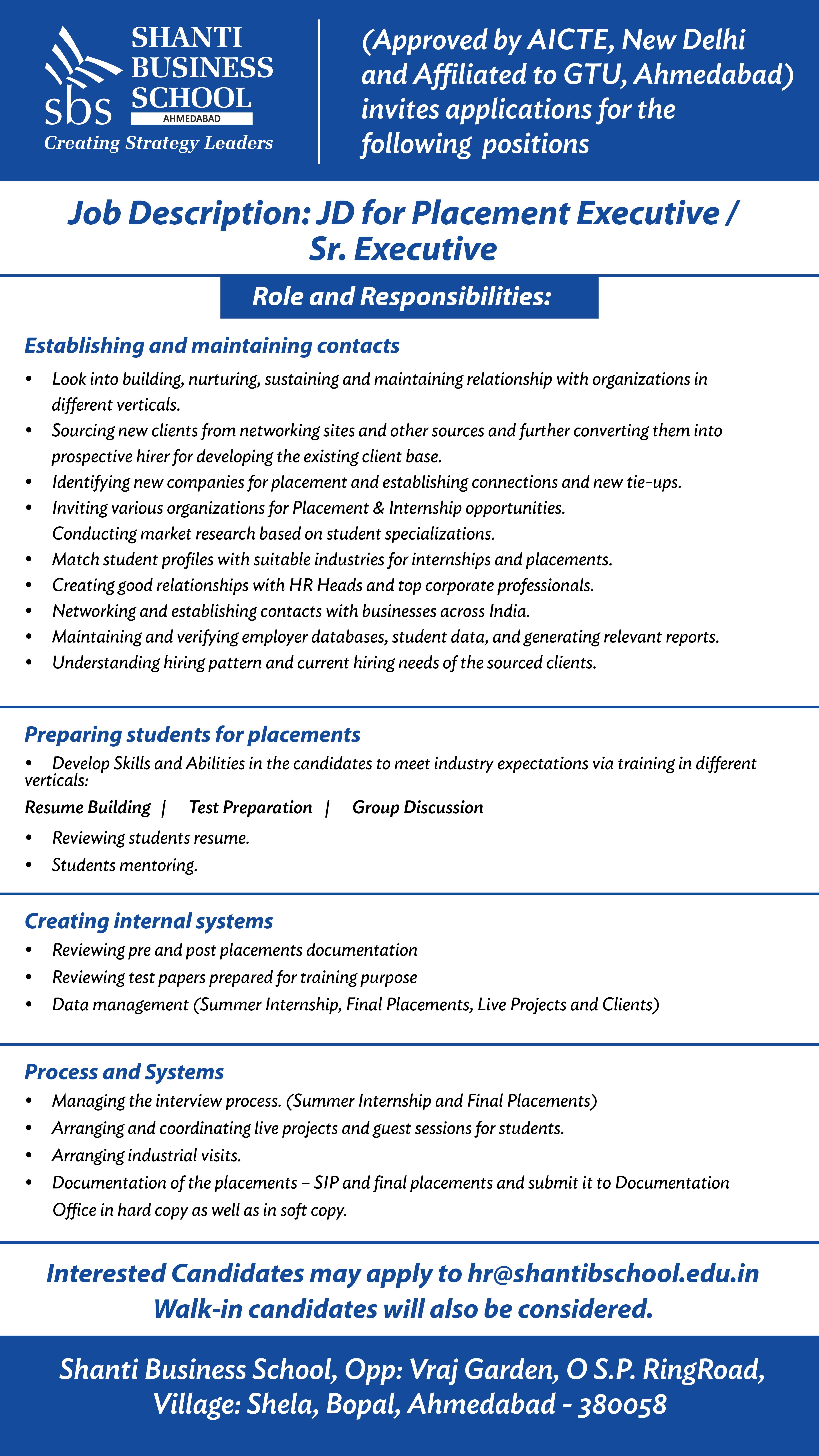 Executive / Sr. Executive - Placement